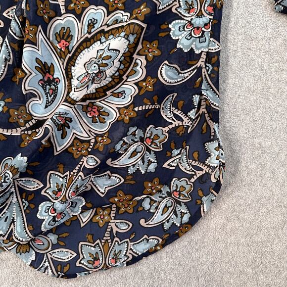 Loft Floral Paisley Peasant Sheer Tunic Blouse Women's small Navy/Brown V-Neck - Picture 7 of 9